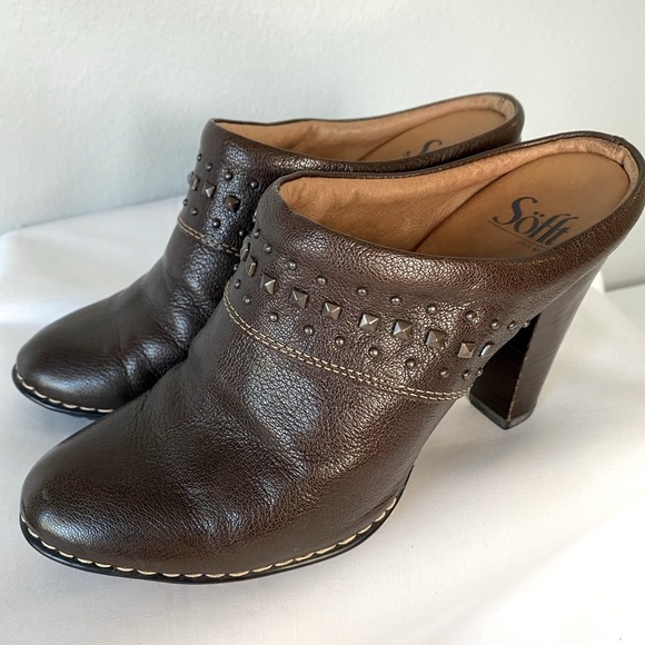 Sofft brown leather studded heeled mule size 7.5. Very gently used. - Picture 2 of 16
